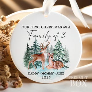 Family of Three Deer Christmas Ornament, First Christmas as a Family Ornament. New Baby Christmas Ornament. Custom Family Deer Keepsake