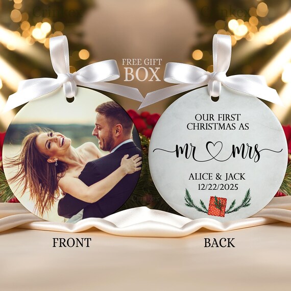thumbnail image 2 of Personalized Wedding Photo Christmas Ornament: Round Ceramic 2 of 7