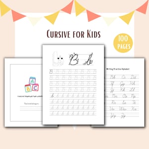 Op de afbeelding: Een cursief handschrift werkboek voor kinderen met een kleurrijk alfabet en een monsterillustratie. Het werkboek heeft 100 pagina's en bevat een oefen alfabet voor cursief schrift.