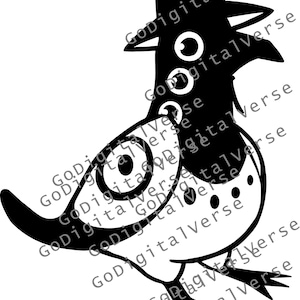 Op de afbeelding: Zwart-wit cartoon illustratie van een vogelachtig wezen met grote ogen en een hoed. Het ontwerp heeft een gestileerd lichaam met een mix van gebogen en hoekige vormen, en de tekst "GoDigitalVerse" wordt herhaald.