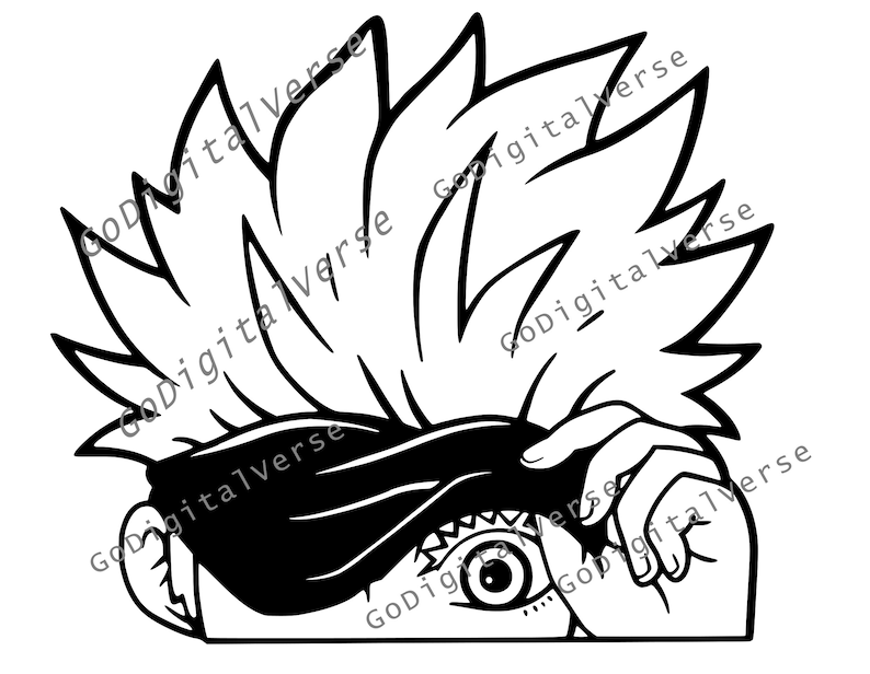 May include: Black and white line art illustration of a person with spiky hair peeking out from behind a black eye mask. The person's eye is visible and has a detailed design.