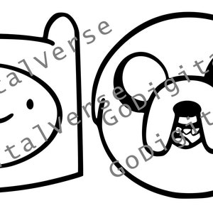 May include: Black and white line art illustration of Finn and Jake from the animated television series Adventure Time. Finn is wearing a hat and has a smiling face. Jake is a dog with a big smile and a tongue sticking out.