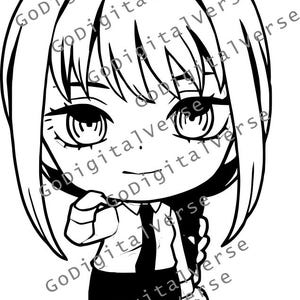 May include: Black and white anime-style illustration of a character with large eyes and short hair. The character is wearing a suit and tie. The image has the text "GoDigitalVerse" repeated across it.