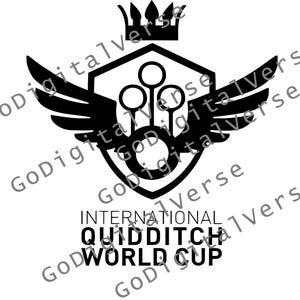 May include: Black and white logo with a shield, wings, and a crown. The shield features three circles and a stick with a ball on the end. The text "INTERNATIONAL QUIDDITCH WORLD CUP" is below the logo.