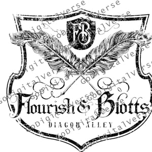 May include: Black and white illustration of a crest with two crossed quill pens and the text "Flourish & Botts" and "Diagon Alley".