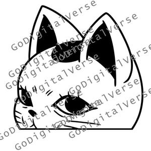 May include: Black and white line art illustration of a cat's face with one eye open and the other closed. The cat is looking to the right.