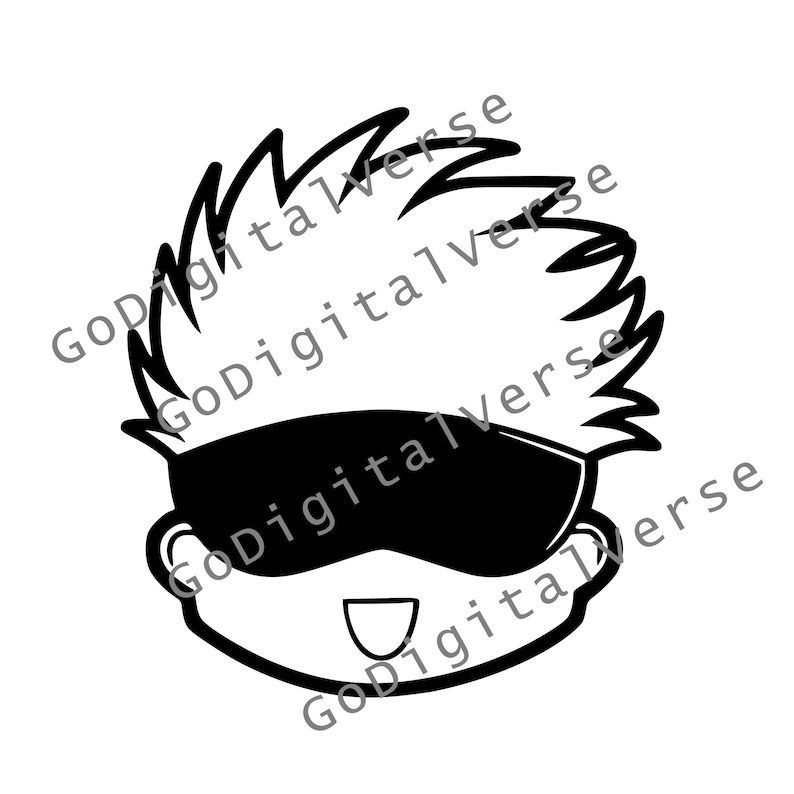 May include: Black and white cartoon illustration of a character's face. The character has spiky white hair, a black blindfold, and a smiling mouth. The text "GoDigitalverse" is watermarked across the image.