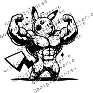 May include: Black and white illustration of a muscular Pikachu flexing its biceps. The cartoon character has a determined expression and is posed in a strong, athletic stance. The image is a stylized graphic with a bold, clean design.