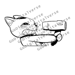 May include: A black and white line drawing of a cartoon cat holding a camera. The cat has a surprised expression on its face and is looking to the right. The camera is pointed to the right.
