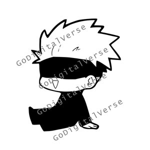 May include: Black and white line drawing of a cartoon character with spiky hair wearing a blindfold and a black outfit. The character is sitting with their legs crossed and smiling.