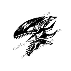 Puede incluir: Silueta en blanco y negro de una cabeza de dragón con dientes afilados y una expresión feroz. La cabeza del dragón está mirando hacia el lado derecho de la imagen.