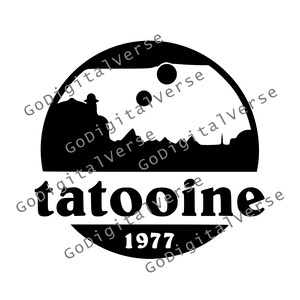 May include: Black and white illustration of the planet Tatooine from Star Wars. The image features a desert landscape with two suns in the sky. The text "Tatooine 1977" is printed below the image.