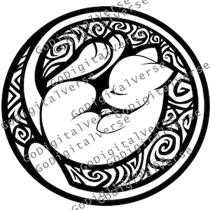 May include: Black and white circular design featuring a stylized image of a mother and child. The image is surrounded by a decorative border with intricate patterns and swirls. The design is suitable for various applications.