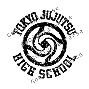 May include: Black and white graphic design of a logo for Tokyo Jujutsu High School. The logo features a stylized swirl design with the text "Tokyo Jujutsu High School" surrounding it.