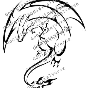 May include: A black and white dragon design. The dragon is depicted in a stylized, flowing line art style, with wings and a curved tail. The text "GoDigitalVerse" is repeated around the image.