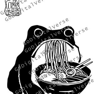 May include: Black and white illustration of a frog-like creature eating noodles from a bowl with chopsticks. A small, stylized stamp is in the upper left corner.