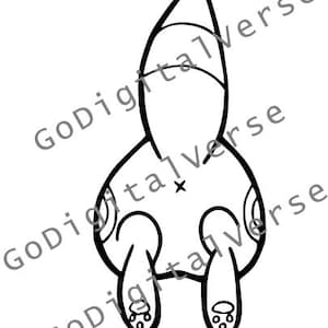 Op de afbeelding: Zwart-wit cartoon illustratie van de achterkant van een kat, met een puntige staart en zichtbare poten. Het ontwerp bevat een klein kruisje en cirkelvormige details, met de tekst "GoDigitalverse" diagonaal over de afbeelding.