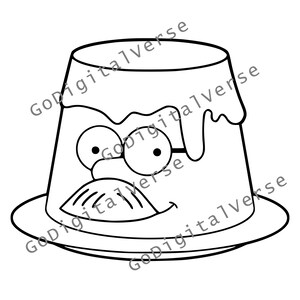 May include: A black and white cartoon illustration of a pudding cup with a smiling face, wearing glasses and a mustache. The pudding cup is sitting on a plate.
