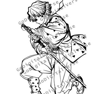 May include: Black and white line drawing of a character kneeling with a sword. The character is wearing a patterned kimono and sandals. The image has the text "GoDigitalVerse" repeated across it.