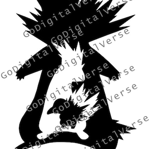 Puede incluir: Diseño de silueta negra que presenta un pájaro estilizado con bordes afilados y dentados y una figura de pájaro más pequeña. El texto "GoDigitalVerse" se repite diagonalmente en la imagen.