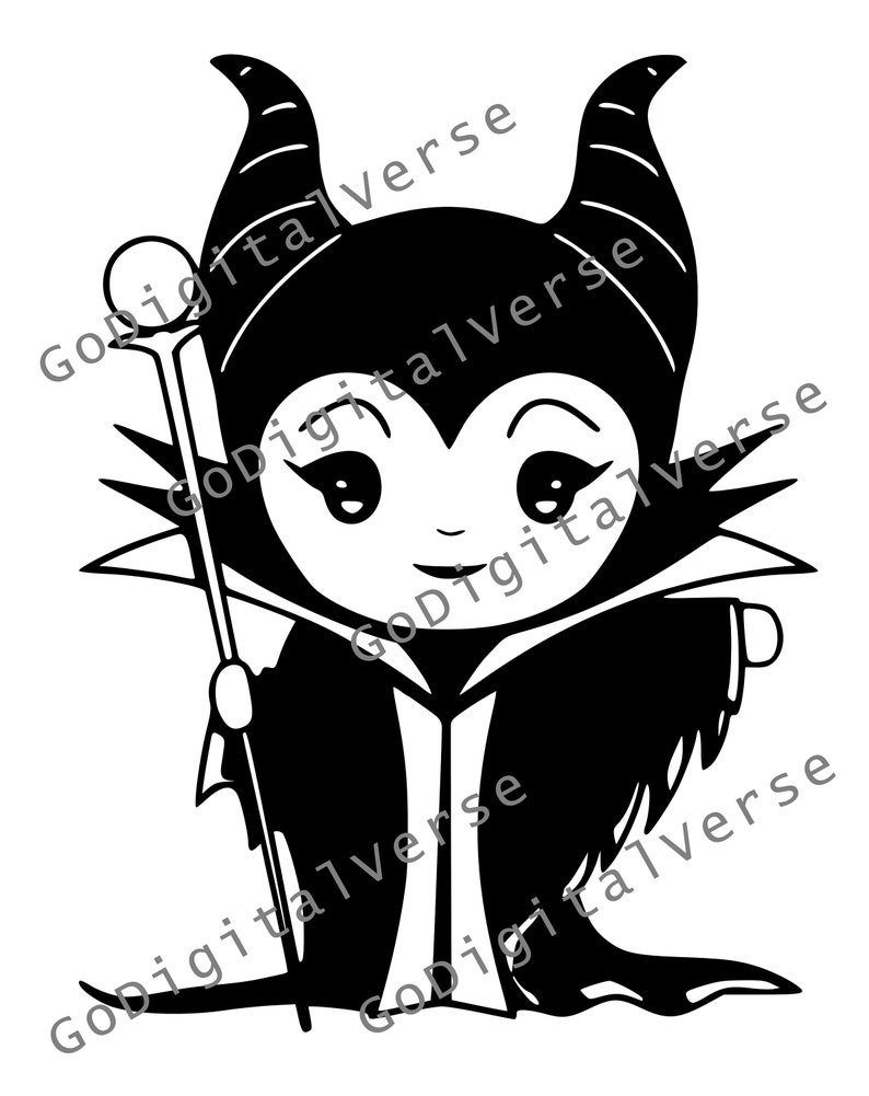 May include: Black and white cartoon illustration of Maleficent from Disney's Sleeping Beauty. She is wearing a black gown with a cape and has horns on her head. She is holding a staff with a ball on top.