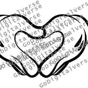 May include: Black and white line art illustration of two hands cupping a heart shape. The image has the text "GoDigitalVerse" repeated diagonally across the image.