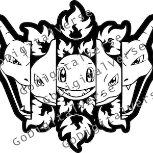 Puede incluir: Gráfico en blanco y negro con personajes de dibujos animados estilizados con llamas. El diseño incluye un personaje central con una cara sonriente, flanqueado por dos personajes con rasgos afilados y dos figuras de dragón.