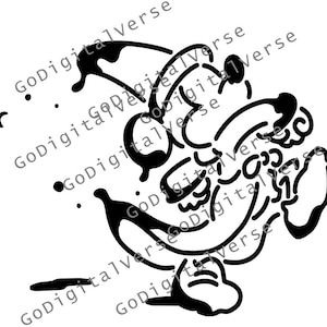 May include: Black and white cartoon illustration of a character's face, featuring large, round eyes, a curved smile, and stylized features. The design includes ink blot-like shapes and dots.
