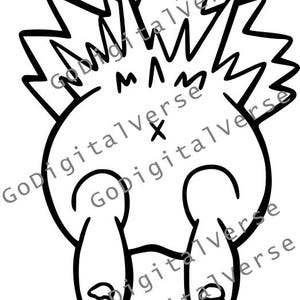 Op de afbeelding: Zwart-wit cartoon illustratie van de achterkant van een kat, met zijn poten en staart zichtbaar. Het lichaam van de kat is rond en de staart is stekelig. De afbeelding bevat de letters "M", "Λ" en "X".
