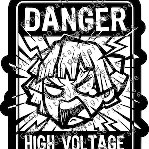 Pode incluir: Adesivo preto e branco com as palavras "DANGER HIGH VOLTAGE". A imagem apresenta uma ilustração estilizada de um rosto com raios, sobre um fundo preto. Ideal para avisos.