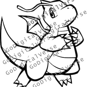 May include: A black and white line drawing of a cartoon dragon with a long tail and wings. The dragon is standing on its hind legs and has its front paws raised in the air. The dragon has a large head with a long snout and large eyes.