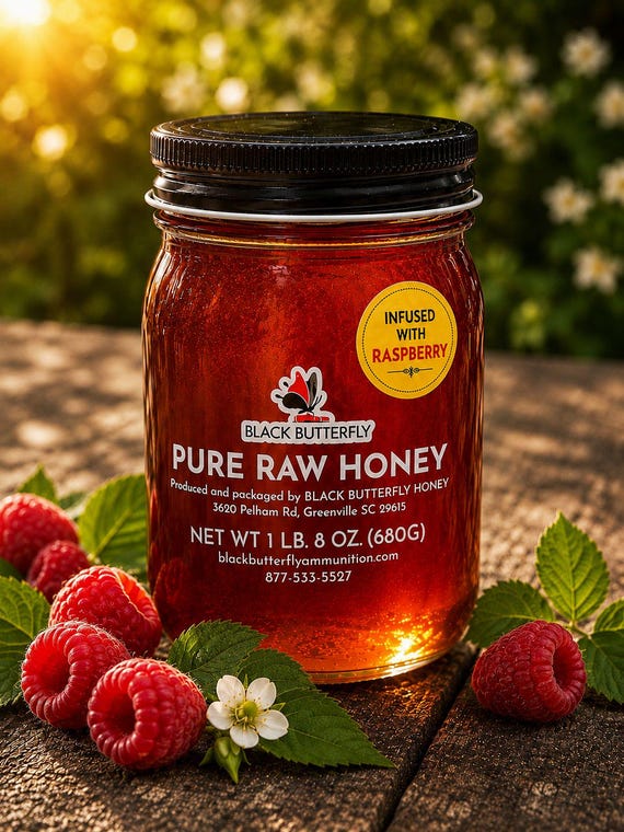 Black Butterfly Raw Wildflower Honey Infused with Raspberry, South Carolina (1 lb. 8 oz.)