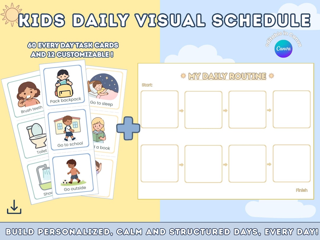 Kids Visual Schedule Chart | Daily Routine Cards, Editable Canva ...