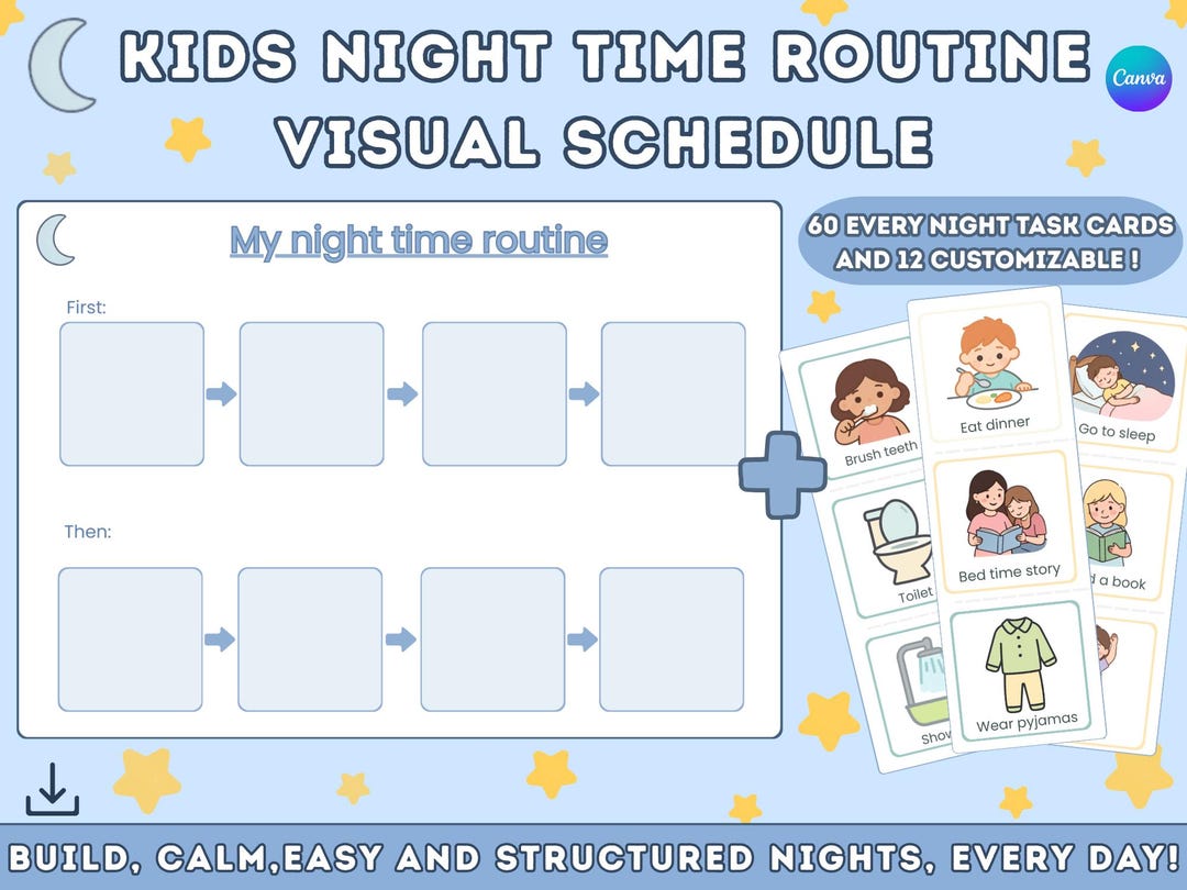 Kids Night Time Routine Chart, Bed Time Visual Schedule, Calm Night ...