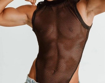 Sexy Men's Non Binary Fishnet Bodysuit, See Through Transparent Mesh Tank Top, Gay Rave Festival Costume, Cute Gay LGBT Lingerie Jumpsuit