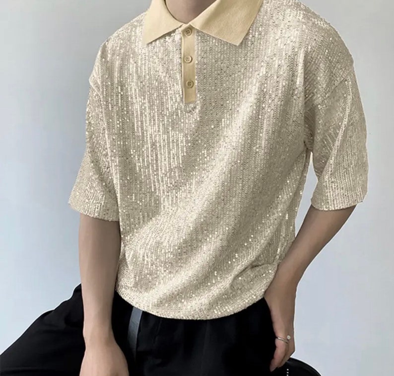 Mens Shiny Trend Party Sequin Polo Shirt Gold Short Sleeve - Etsy