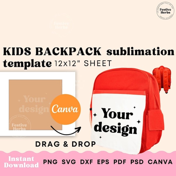 Kids backpack sublimation template, Kids backpack SVG Canva template for sublimation, Kids backpack personalized Kids lunch bag sublimation