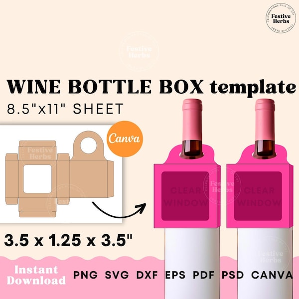 Wine bottle box template, Wine bottle tag SVG, Wine bottle tag template, Wine bottle box with clear front, Wine box SVG Wine gift tag