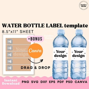 Water bottle label template, Editable Water bottle label Canva, Water bottle label Wedding, Graduation, Baby Shower, Bottle labels with logo