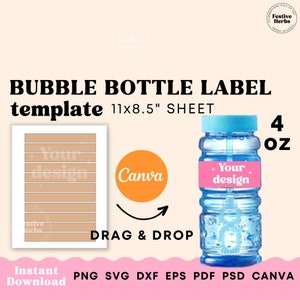 4oz Bubble bottle Label Template, Party favor templates Canva, Kids party favor personalized stickers labels, Bubble bottle Label SVG
