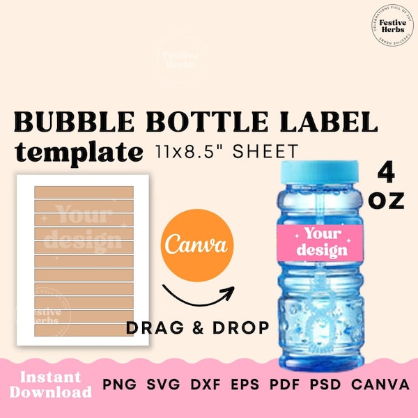 4oz Bubble bottle Label Template, Party favor templates Canva, Kids party favor personalized stickers labels, Bubble bottle Label SVG