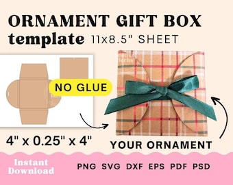 May include: A printable template for a 4 x 0.25 x 4 inch ornament gift box. The template is on an 11 x 8.5 inch sheet of paper. The box is made of brown paper with a red and white checked pattern. The box is tied with a green ribbon. The text "ORNAMENT GIFT BOX template 11x8.5" SHEET" is at the top of the image. The text "NO GLUE" is in a yellow box. The text "YOUR ORNAMENT" is below the box. The text "Instant Download" is at the bottom left of the image. The text "PNG SVG DXF EPS PDF PSD" is at the bottom right of the image.