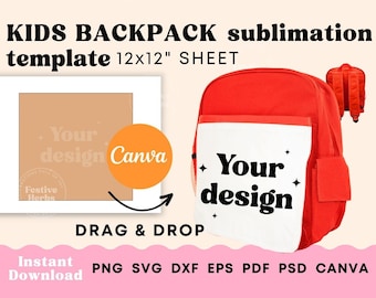 子供用バックパック昇華テンプレート、子供用バックパック昇華用 SVG Canva テンプレート、子供用バックパックパーソナライズ子供用ランチバッグ昇華