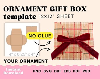 May include: A printable template for a 12x12 inch ornament gift box. The template includes a no-glue design and instructions for assembling the box. The image also shows a finished box with a red plaid pattern and a red velvet bow.