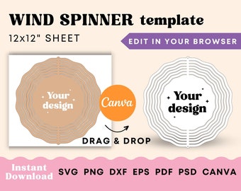 May include: A template for a 12x12 inch wind spinner with a layered design. The template is editable in Canva and includes the text "Your design".