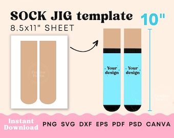 May include: A digital template for creating custom socks. The template is for an 8.5 by 11 inch sheet of paper and includes two sock shapes that are 10 inches tall. The template is for use with design software such as Canva, Photoshop, and Illustrator.