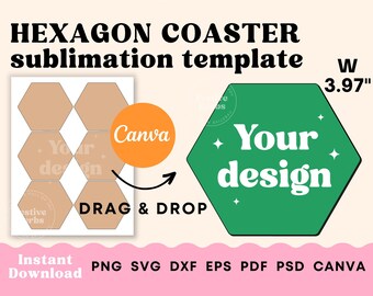 Hexagon coaster SVG, Coaster template, Cup coaster personalized Coaster SVG, Coaster sublimation template canva, Coaster sublimation designs