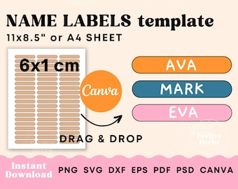 Name labels template, Name labels to print PNG SVG Cricut Canva, School label template download, Back to school label template download