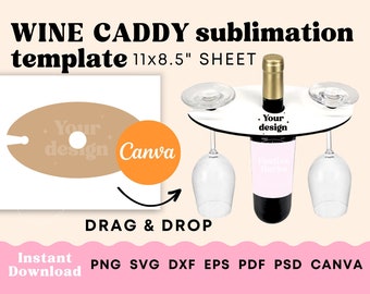 Wine caddy template, Wine caddy laser file, Wine caddy SVG PNG Canva, Wine bottle and glass holder sublimation template download