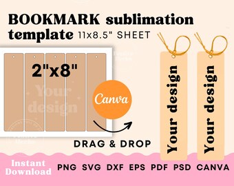 May include: A digital template for creating bookmarks. The template includes four 2x8 inch bookmarks on an 11x8.5 inch sheet. The template is designed to be used with Canva.